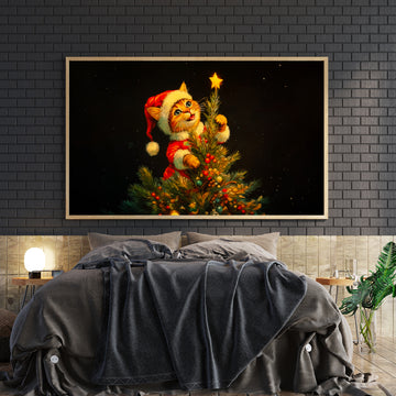 Bring festive charm to any room with this delightful Christmas canvas wall art featuring a playful cat perched among tree branches, surrounded by colorful ornaments and a gleaming star.