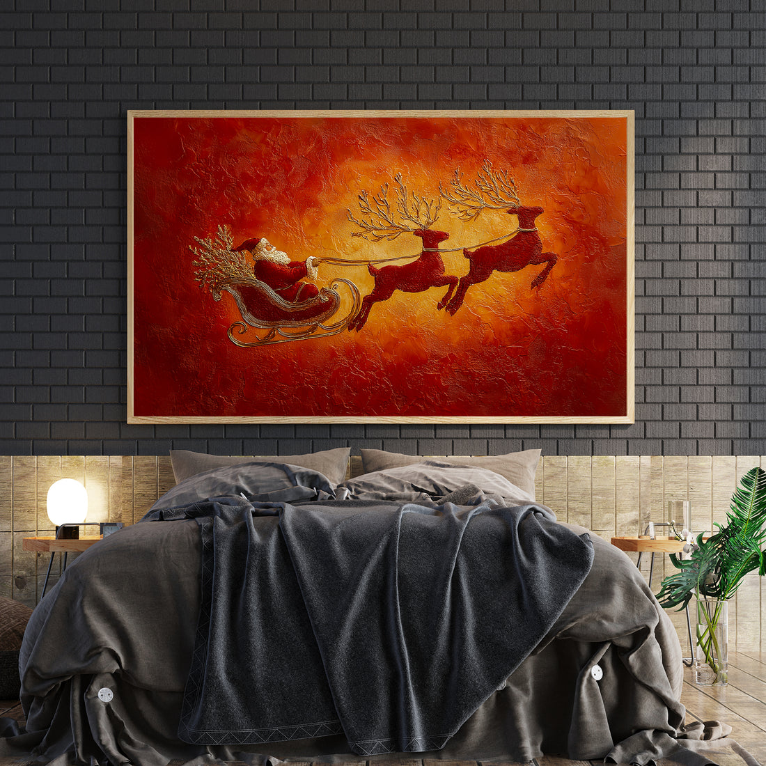 Capture the magic of the season with this stunning Christmas canvas wall art featuring Santa's sleigh soaring through a dramatic red-orange sunset sky. The vibrant composition showcases galloping reindeer in dynamic motion, creating a sense of holiday wonder and timeless charm. Perfect for transforming your living room, adding warmth above your sofa, or creating a festive focal point in any bedroom.