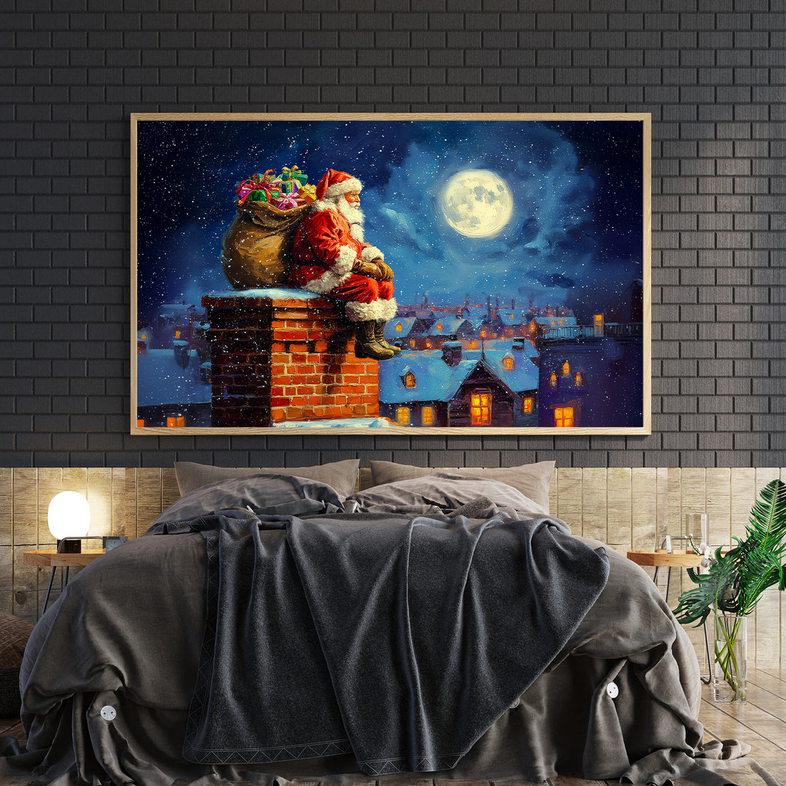 Capture the magic of the season with this enchanting Christmas canvas wall art featuring Santa perched on a snow-dusted chimney beneath a luminous full moon. The striking composition combines festive charm with artistic sophistication, making it an ideal focal point for living rooms, bedside spaces, or above sofas. Rich, detailed imagery brings warmth and holiday spirit to any interior, while the canvas medium ensures durability and lasting vibrancy.