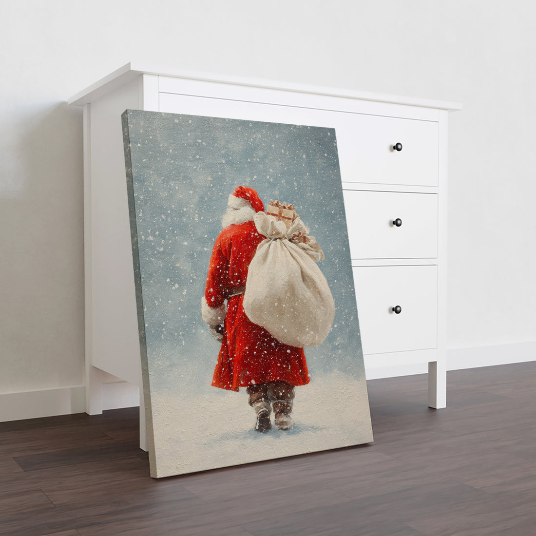 Celebrate the festive season with this expertly crafted Christmas canvas wall art featuring a charming winter Santa carrying a gift bag in a snowy setting. Perfectly sized for living rooms, sofa backdrops, or bedside decoration, this piece adds a warm, seasonal touch to your home decor. Its high-quality canvas ensures durability and vibrant colors, making it a timeless addition to your holiday decorations.