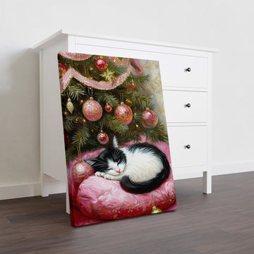 Bring festive charm to any room with this captivating Christmas Cat Canvas Wall Art. Featuring a serene black and white illustration of a cat peacefully sleeping beneath a decorated tree, this piece combines holiday warmth with timeless elegance. The monochromatic design complements any interior style, making it ideal for living rooms, bedrooms, or spaces above sofas.
