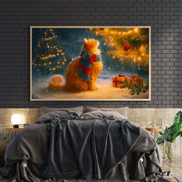 Bring festive warmth to any room with this charming Christmas Cat Canvas Wall Art. Featuring an adorable orange tabby cat nestled in a picturesque winter holiday scene, this piece captures the cozy spirit of the season. The carefully composed composition makes it an ideal focal point above your sofa, beside your bed, or in any living space seeking seasonal charm.