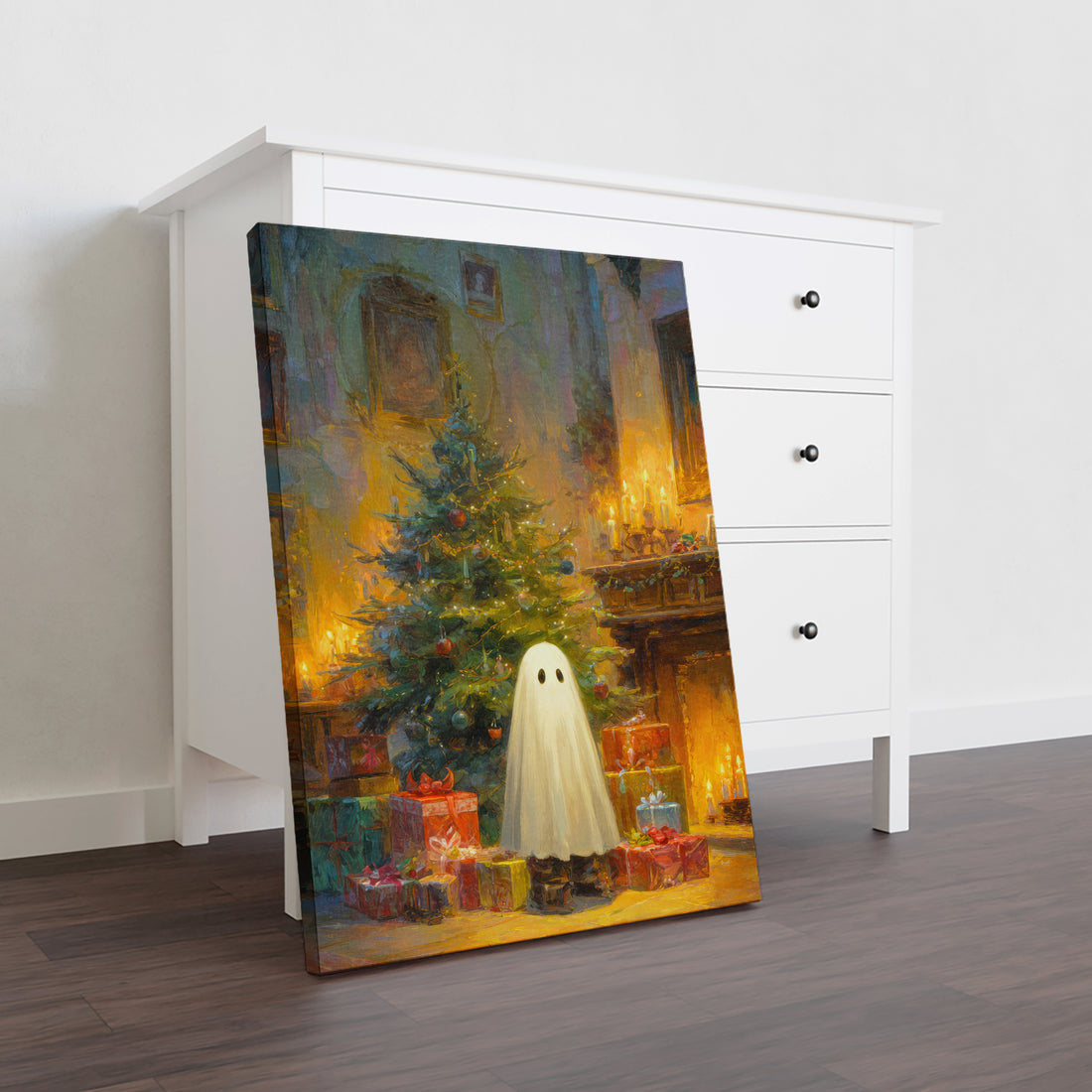 Elevate your holiday decor with this Christmas Ghost Canvas Wall Art, featuring a festive scene complete with a decorated tree and wrapped presents. Perfect for adding a seasonal touch to your living room, sofa backdrop, or bedside area, this artwork brings warmth and charm to your home. Crafted to complement various interior styles, it creates a cozy and inviting atmosphere during the holiday season.