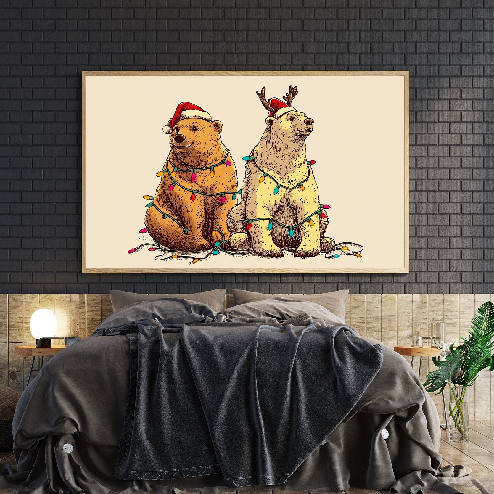 Bring festive warmth to any room with this charming Christmas canvas art print featuring adorable bears adorned in Santa hats, surrounded by twinkling string lights.