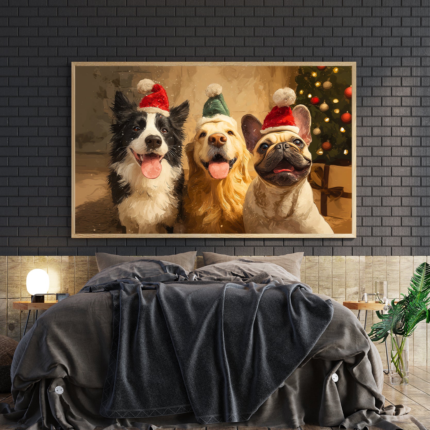 Bring festive cheer to your home with this charming canvas wall art featuring adorable dogs dressed in Santa hats. Perfect for the holiday season, this piece combines playful pet imagery with classic Christmas spirit, making it an ideal accent for living rooms, bedside spaces, or above sofas. The vibrant, cheerful design captures the warmth of the season while adding personality to any room.