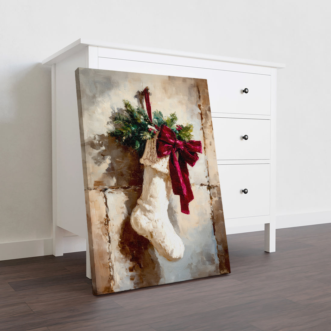 Elevate your seasonal décor with this sophisticated Christmas stocking canvas print, expertly designed to capture the warmth of holiday traditions. Featuring a beautifully rendered stocking adorned with a vibrant red bow and lush greenery accents, this piece brings festive elegance to any room.