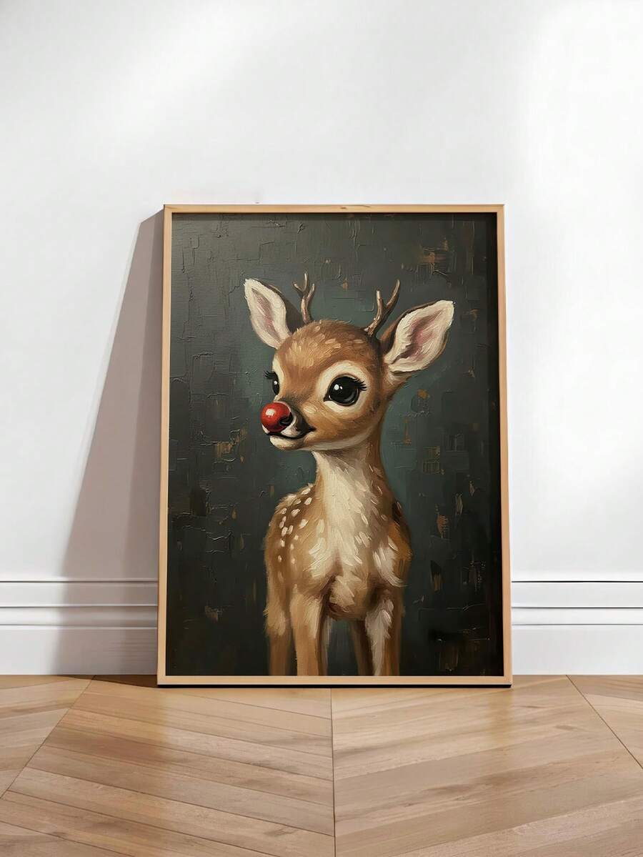 Christmas Red Nose Reindeer Vintage Oil Painting Style Animal Canvas Poster