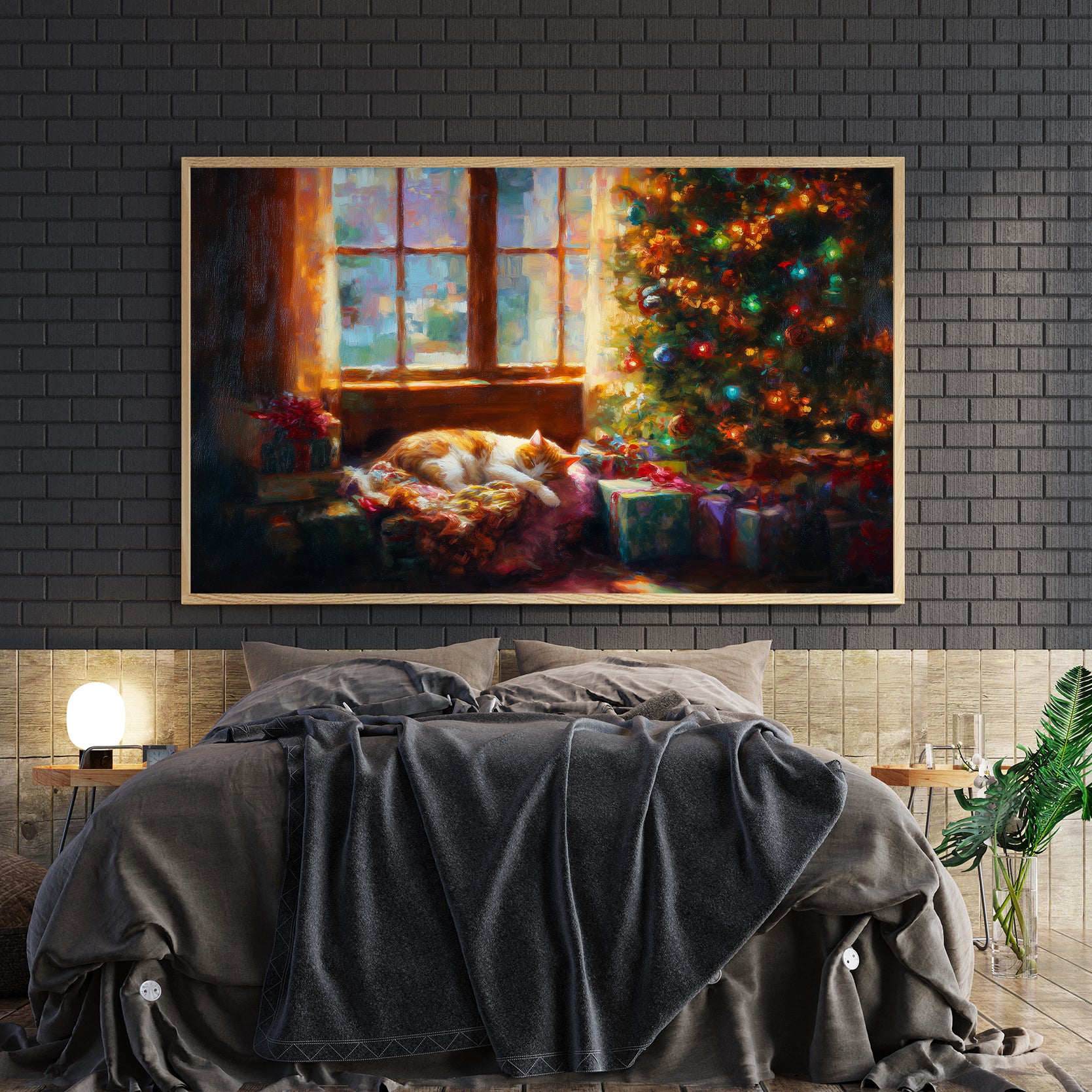 Transform your space into a winter wonderland with this enchanting Christmas Scene Canvas Wall Art. Featuring a beautifully decorated holiday tree paired with a peaceful sleeping cat, this piece captures the cozy essence of festive season comfort. The serene composition makes it an ideal focal point for living rooms, above sofas, or beside bedroom spaces. 