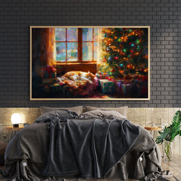 Transform your space into a winter wonderland with this enchanting Christmas Scene Canvas Wall Art. Featuring a beautifully decorated holiday tree paired with a peaceful sleeping cat, this piece captures the cozy essence of festive season comfort. The serene composition makes it an ideal focal point for living rooms, above sofas, or beside bedroom spaces. 