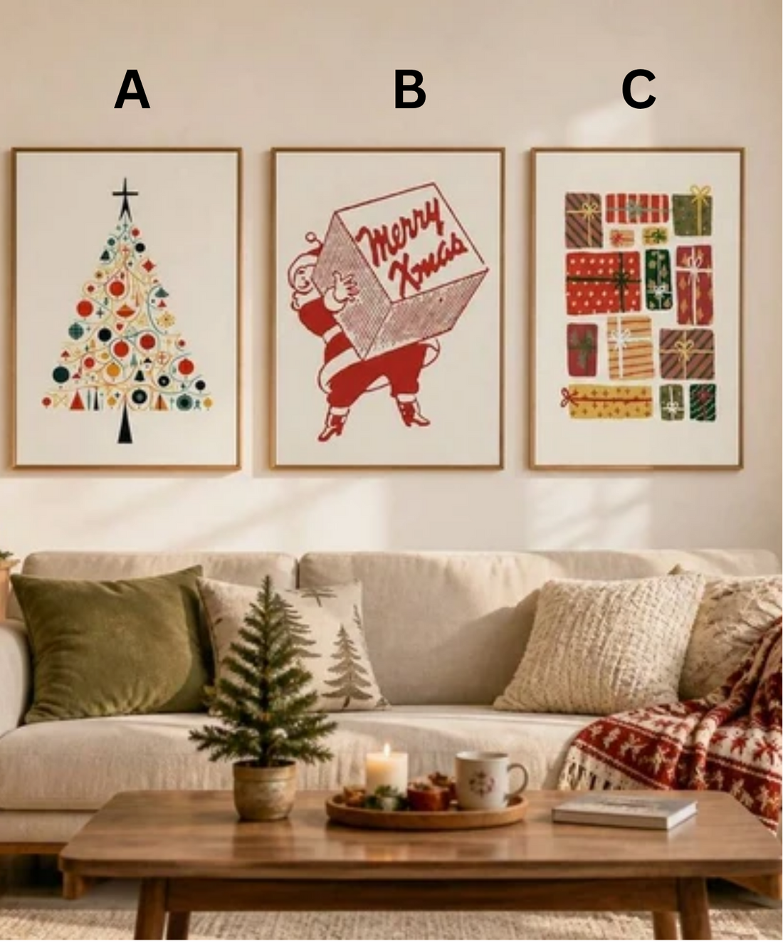 Framed Christmas tree Santa and gift poster set above a cozy sofa