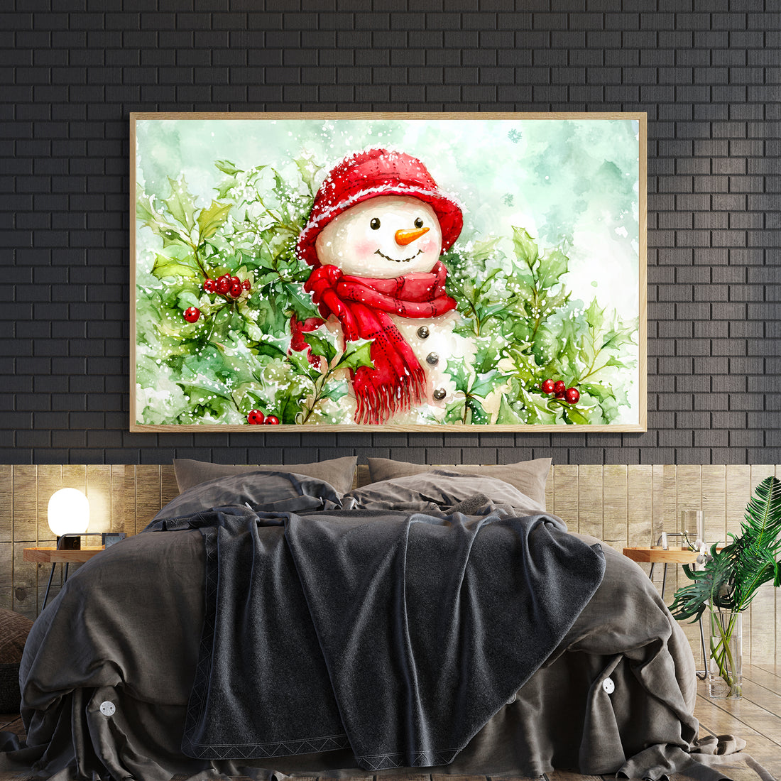 Bring festive warmth to your home with this charming Christmas watercolor canvas art. Featuring a whimsical winter snowman adorned with a vibrant red scarf, this piece captures the cozy spirit of the season through soft, artistic brushstrokes. 