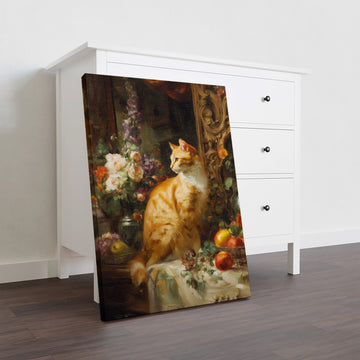 Classic Still Life Canvas Wall Art, Orange Cat with Flowers and Fruit - For Living Room, Sofa Backdrop, Bedside Decoration, Home Decor