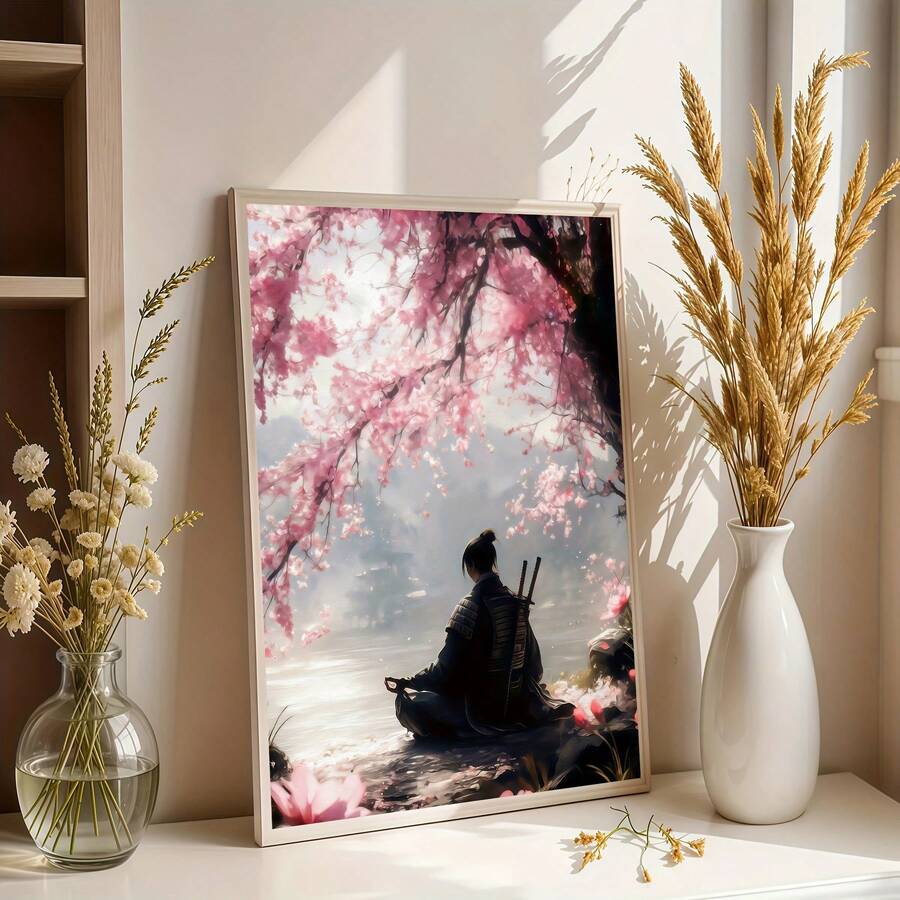 Framed samurai and cherry blossom canvas poster on a sunlit shelf