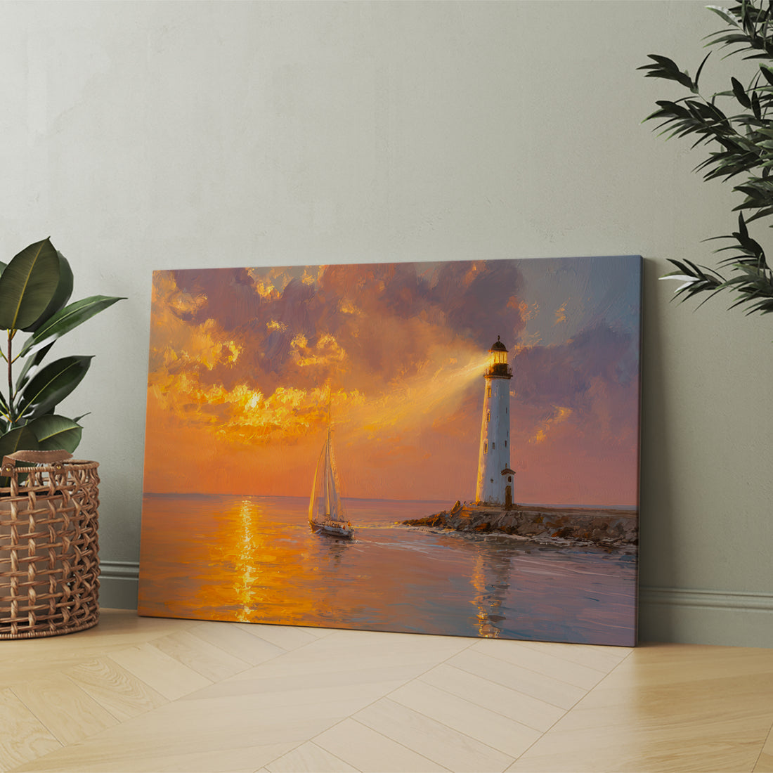 Enhance your living space with this Coastal Lighthouse Sunset Canvas Wall Art, featuring a serene sailboat gliding across the ocean at sunset. Perfect as a living room centerpiece, sofa backdrop, or bedside decoration, this artwork brings a calming coastal ambiance to your home. Crafted with attention to detail, it captures the tranquil beauty of the sea, making it an ideal choice for those seeking sophisticated and peaceful home decor.