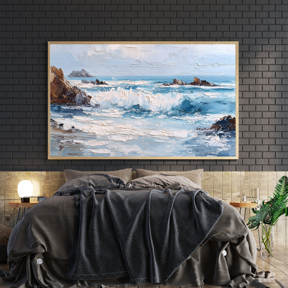 Elevate your living space with this Coastal Ocean Wave Canvas Wall Art, featuring a textured seascape painting that brings the serene beauty of the ocean indoors. Perfect as a living room centerpiece, sofa backdrop, or bedside decoration, this artwork adds depth and tranquility to any home decor. Its rich textures and calming hues create a sophisticated ambiance, making it an ideal choice for those seeking expert-level style and a peaceful atmosphere.