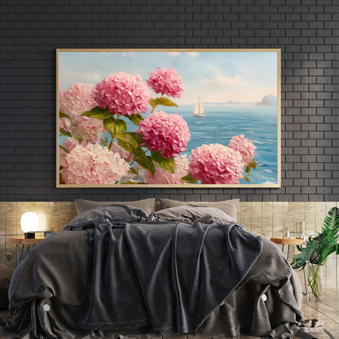 Transform your space with this stunning coastal canvas art that seamlessly blends botanical elegance with maritime charm. Featuring soft pink hydrangeas set against a serene ocean seascape complete with a graceful sailboat, this piece captures the tranquility of seaside living. The carefully balanced composition brings together nature's delicate florals and the open water's peaceful expanse, making it an ideal focal point for living rooms, bedrooms, or above sofas.