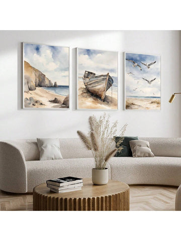 Coastal Serenity: 3-Piece Watercolor Wall Art Set Featuring Boats & Seagulls for Modern Home Decor