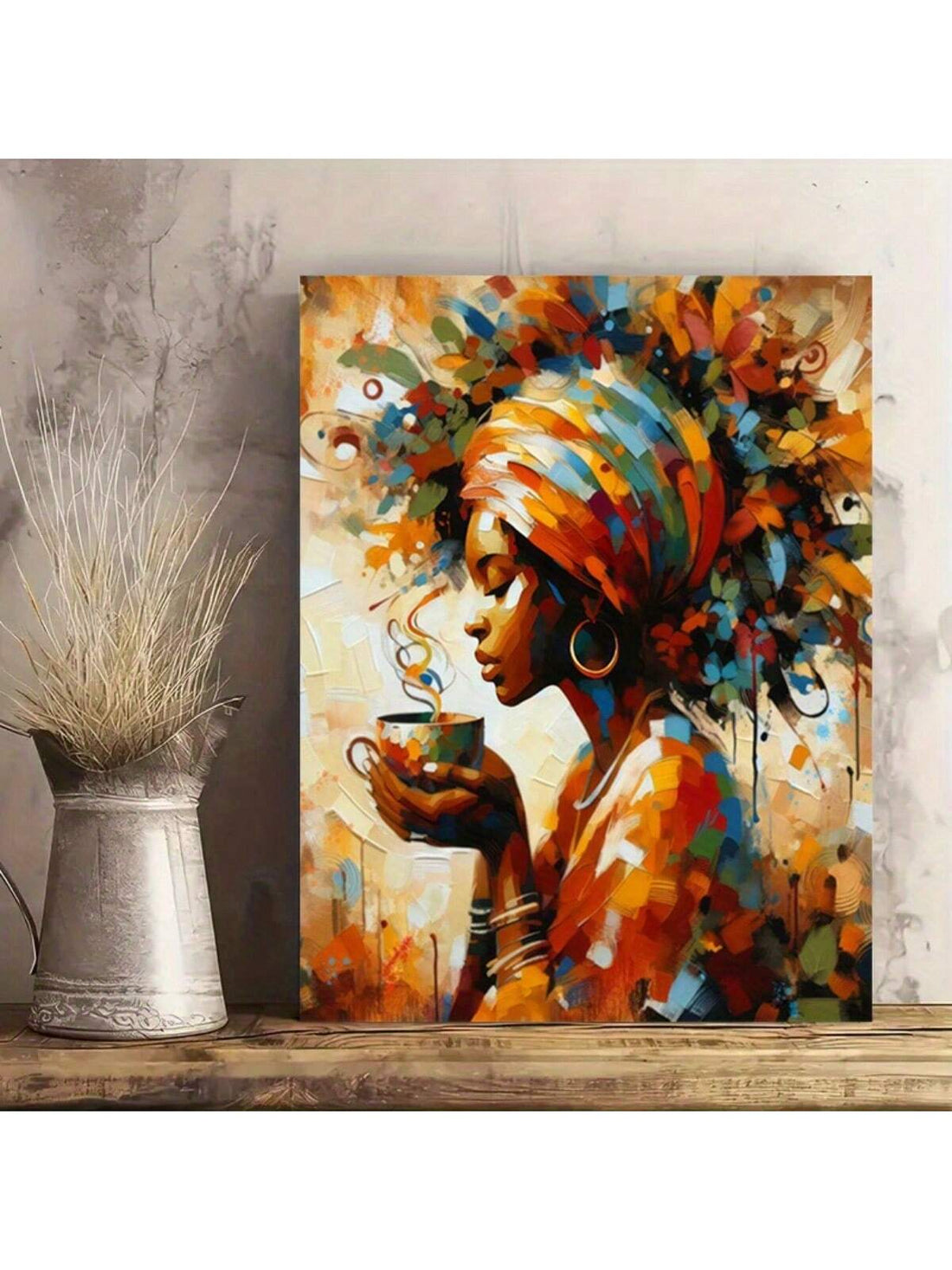 Enhance your space with this stunning abstract canvas art of an African woman enjoying a peaceful cup of coffee. Perfect for home, office, bedside decor, it adds a touch of chic and cultural sophistication to any room. No frame necessary. Add elegance and style to your surroundings with Coffee Moments.