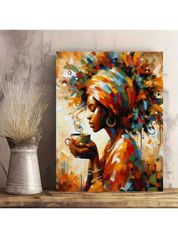 Enhance your space with this stunning abstract canvas art of an African woman enjoying a peaceful cup of coffee. Perfect for home, office, bedside decor, it adds a touch of chic and cultural sophistication to any room. No frame necessary. Add elegance and style to your surroundings with Coffee Moments.