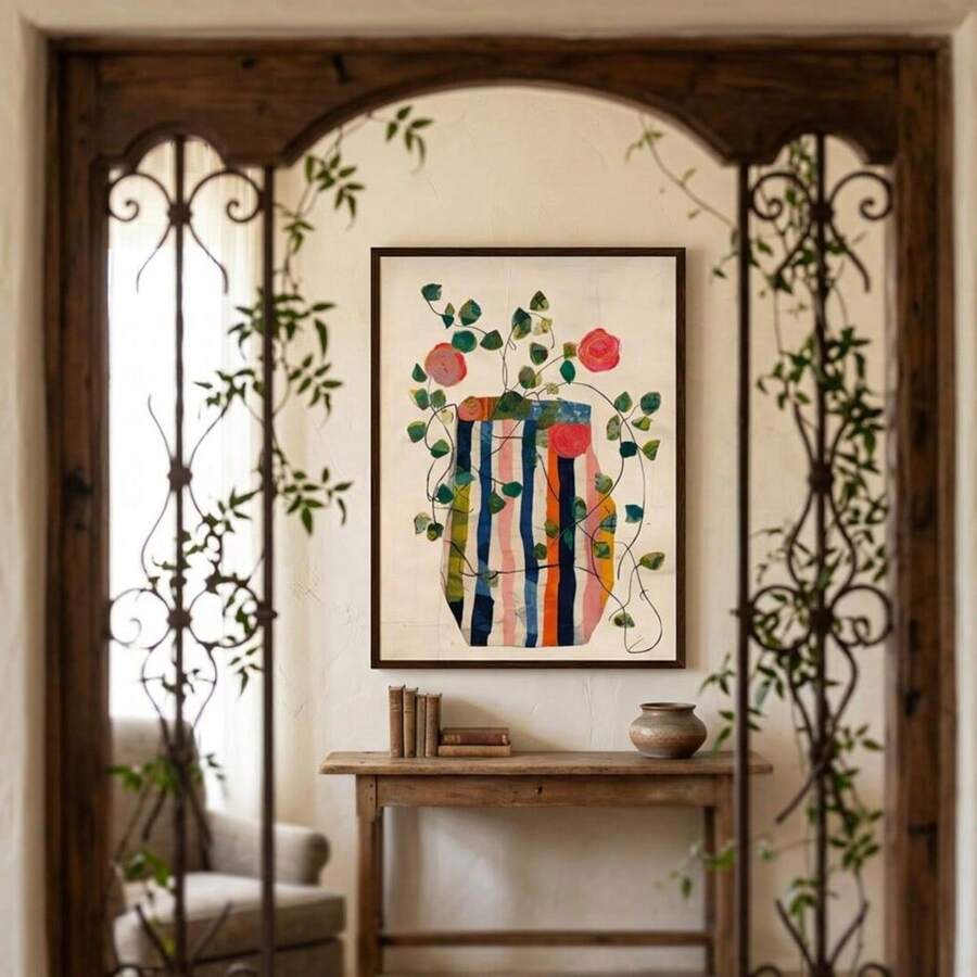 Boho botanical wall art with colorful striped vase