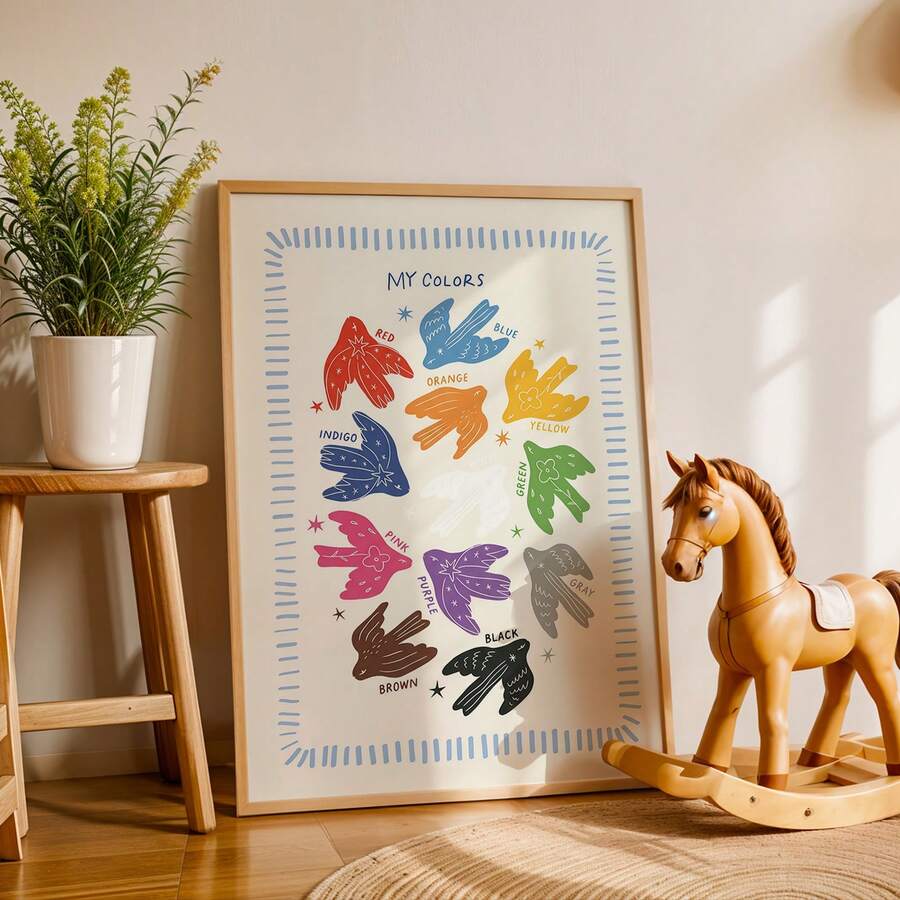 MY COLORS children’s learning poster with illustrated birds