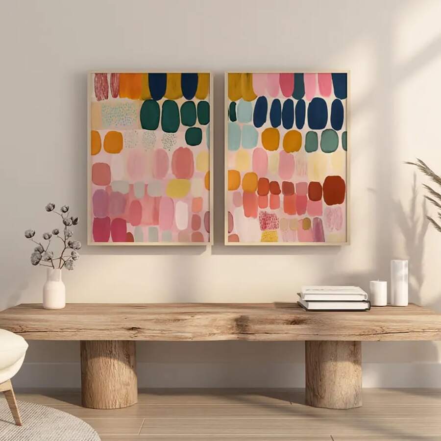 Abstract wall art set with colorful rounded brushstroke blocks