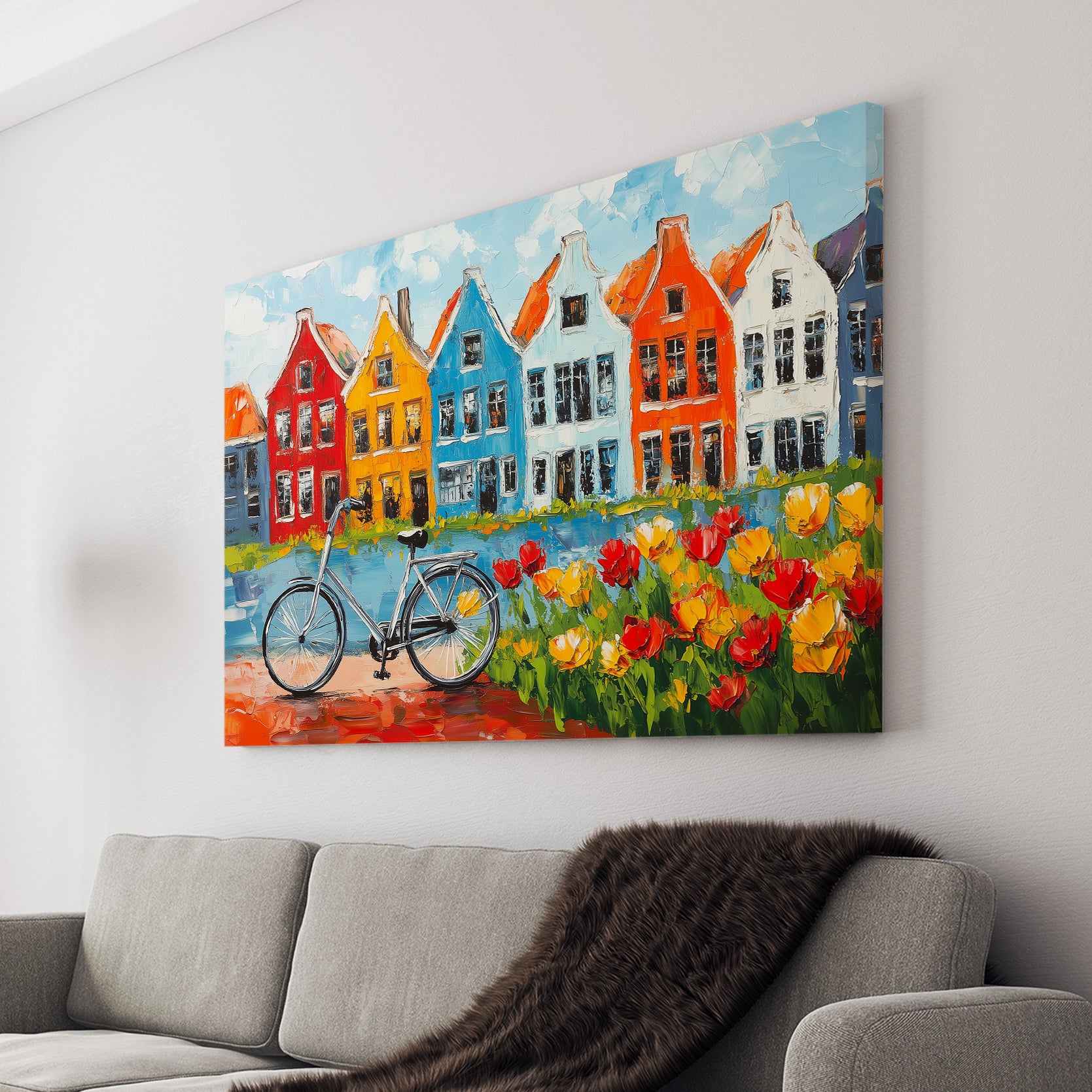 Elevate your home decor with our vibrant Colorful Amsterdam Houses Canvas Wall Art. Featuring an idyllic European street scene complete with a bicycle and tulips, this piece adds a touch of whimsy to any room. Perfect for living rooms, sofas, and bedside decoration, it's a must-have for any art lover.