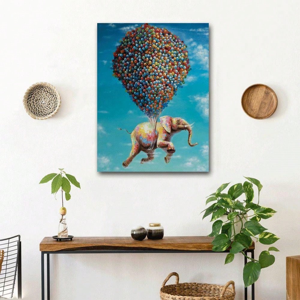 Inspire a sense of wonder and adventure with our Colorful Balloon Adventure art print. Featuring a playful flying elephant, this professionally framed print is sure to brighten up any space. Infuse some creativity and charm into your home or office with this unique and imaginative piece.