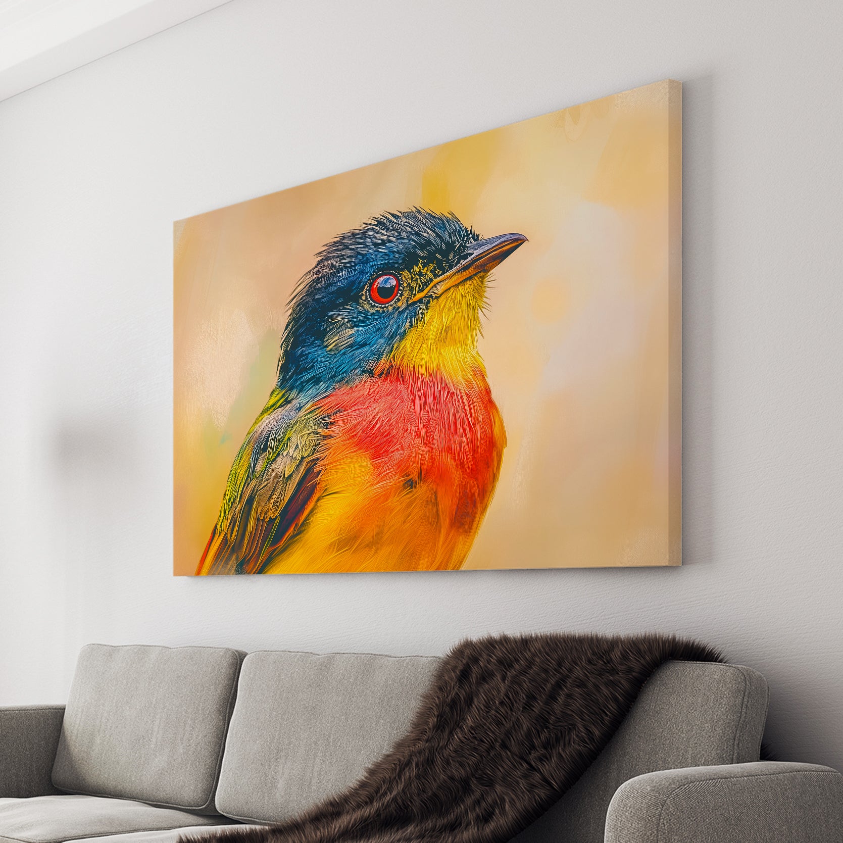 Expertly capture the vibrant beauty of tropical birds with our Colorful Bird Portrait Canvas Wall Art. This stunning photography print is perfect for adding a touch of nature to any living room, sofa backdrop, or bedside. Elevate your home decor with this eye-catching and lively piece.
