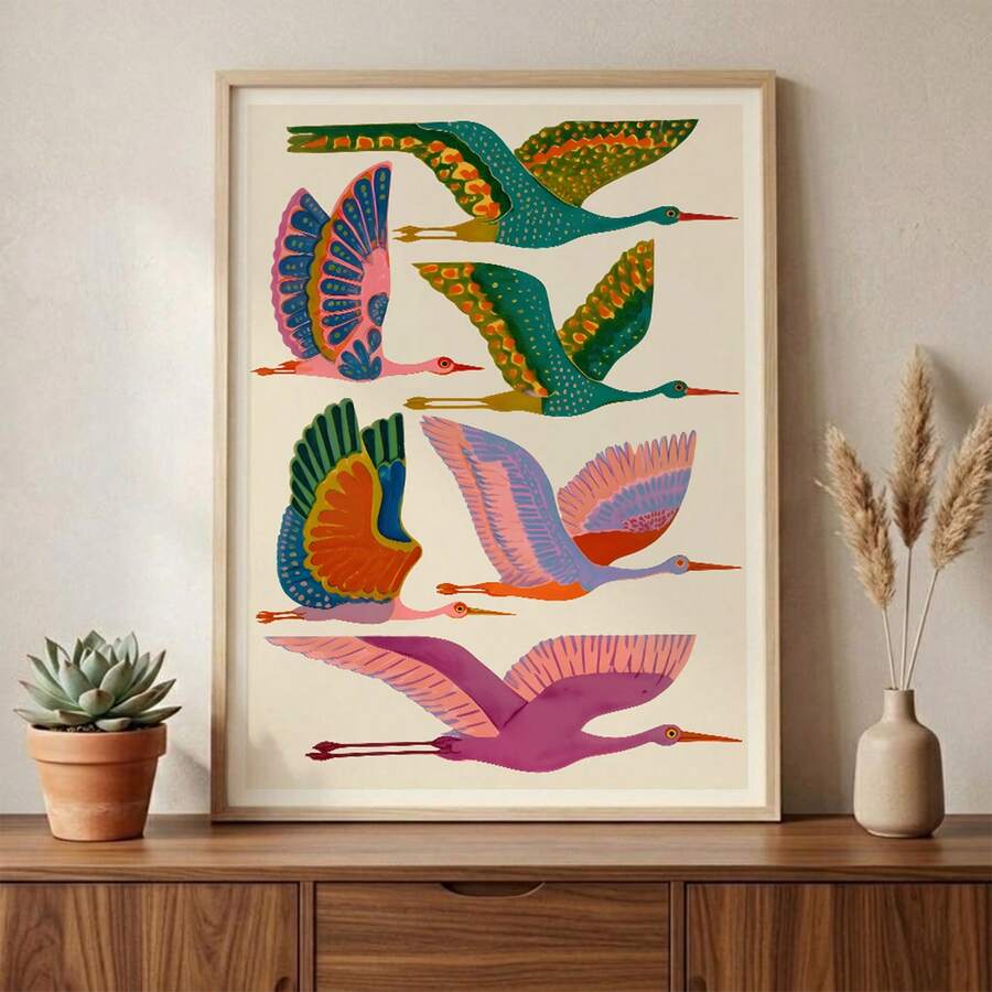 Crane wall art with colorful flying birds in teal green pink orange blue and cream