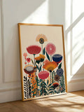 Colorful flower print with stylized botanicals coral orange mustard pink navy and teal