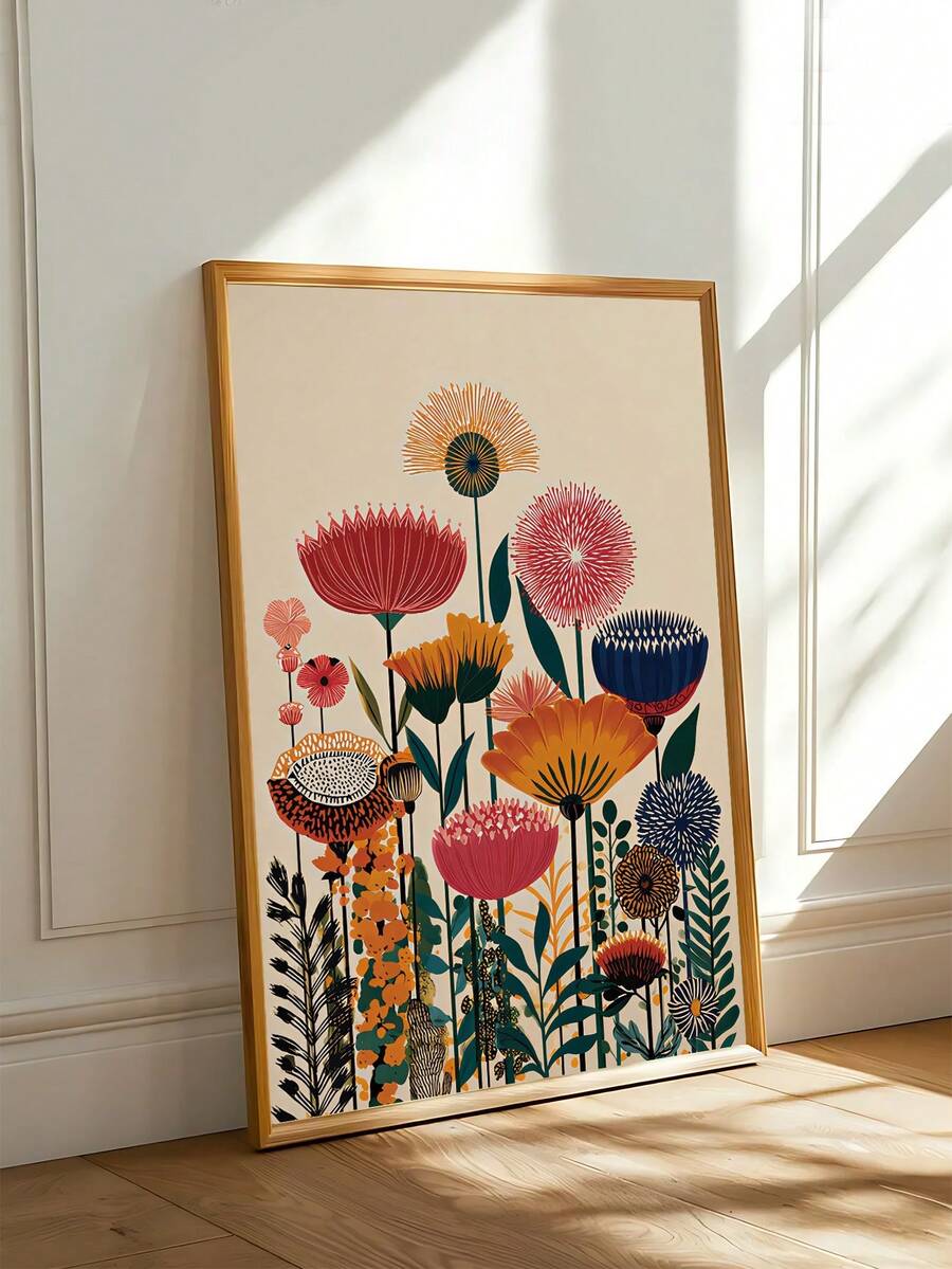 Colorful flower print with stylized botanicals coral orange mustard pink navy and teal