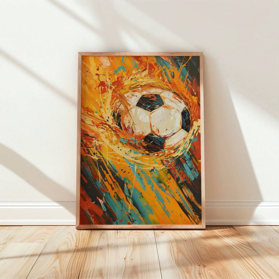 Framed football canvas with swirling orange and teal paint on a bright wall