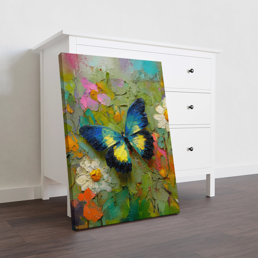 Transform your living space with this vibrant Colorful Butterfly Garden Canvas Wall Art. Featuring a dynamic composition of fluttering butterflies amidst blooming florals, this piece brings nature's elegance directly into your home. The rich, saturated colors create visual depth and movement, making it an ideal focal point for living rooms, bedroom walls, or above sofas.