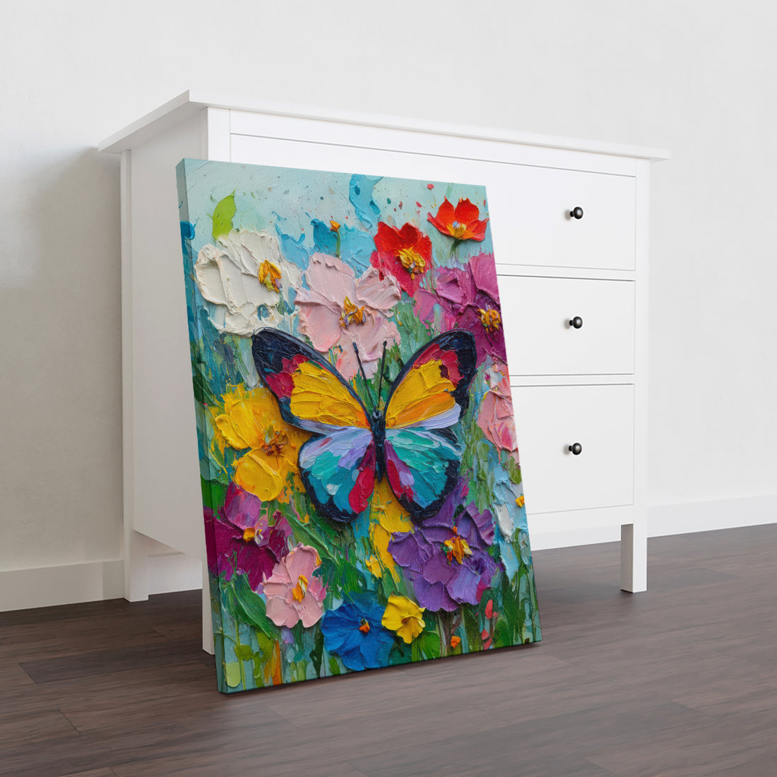 Transform your living space with this striking butterfly garden canvas art. Rendered in a textured oil painting style, this piece captures the delicate beauty and vibrant colors of nature's most graceful creatures. The layered brushwork creates depth and visual interest, making it an ideal focal point above your sofa, beside your bed, or in any room seeking an artistic touch. 