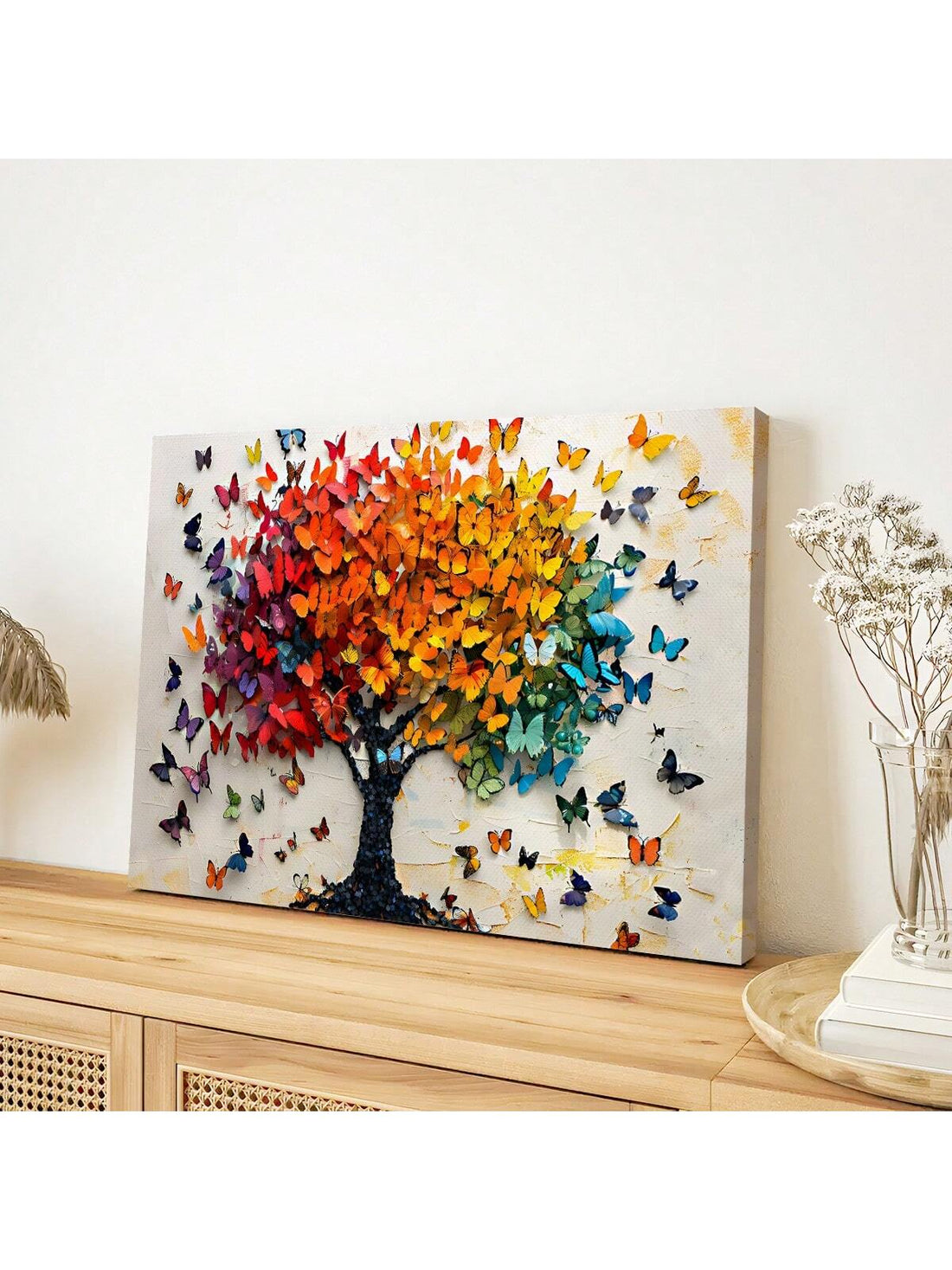 This Colorful Butterfly Tree Canvas Print is the perfect addition to any home decor, featuring a vibrant and intricate design that will bring life to any room. The sleek black wooden frame adds a touch of elegance, making it a great gift option for any occasion. Bring nature into your home with this beautiful canvas print.