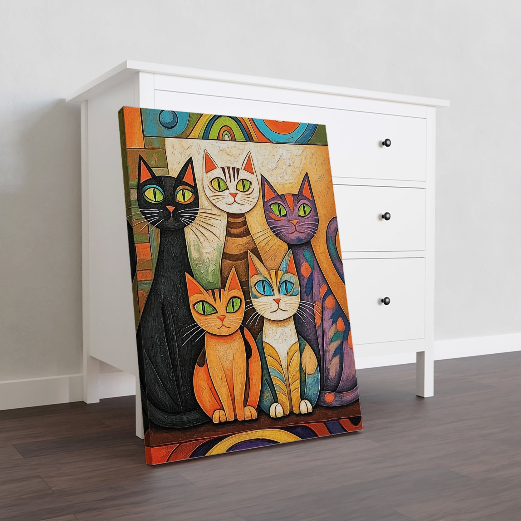 Discover a modern and colorful addition to your home decor with our Colorful Cat Canvas Wall Art. Featuring an abstract feline print and 5 playful cats, this piece is perfect for adding a pop of color to your living room, sofa backdrop, or bedside. Elevate your space with this unique and charming home decoration.