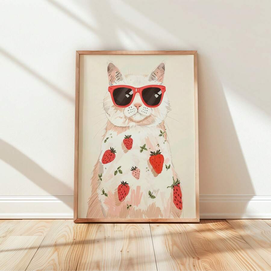 Colorful cat poster with red sunglasses and strawberries leaning against wall