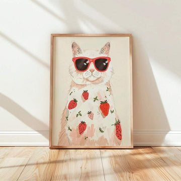 Colorful cat poster with red sunglasses and strawberries leaning against wall