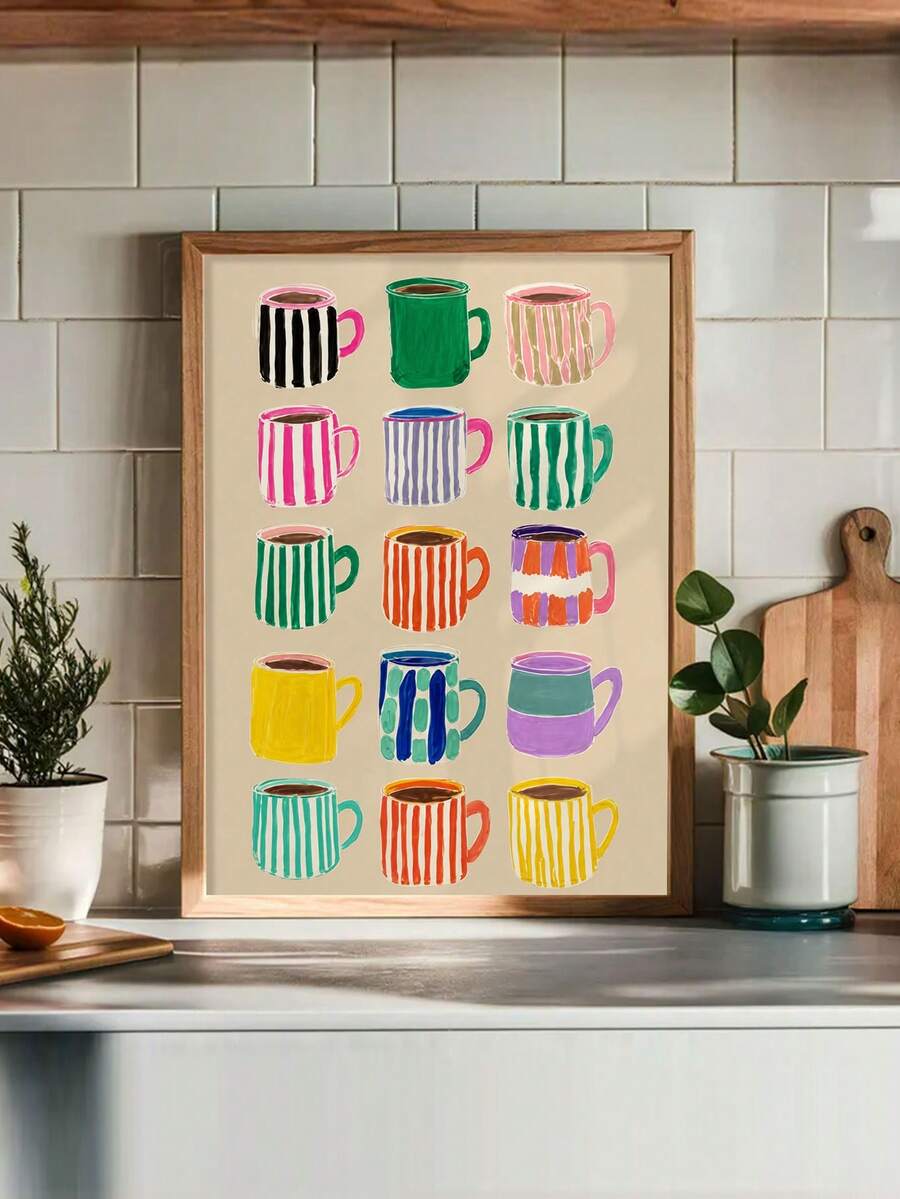 Colorful retro coffee cup canvas poster with fifteen illustrated mugs