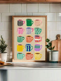 Colorful retro coffee cup canvas poster with fifteen illustrated mugs