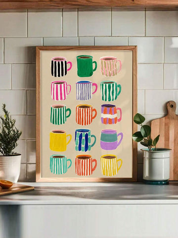 Colorful retro coffee cup canvas poster with fifteen illustrated mugs