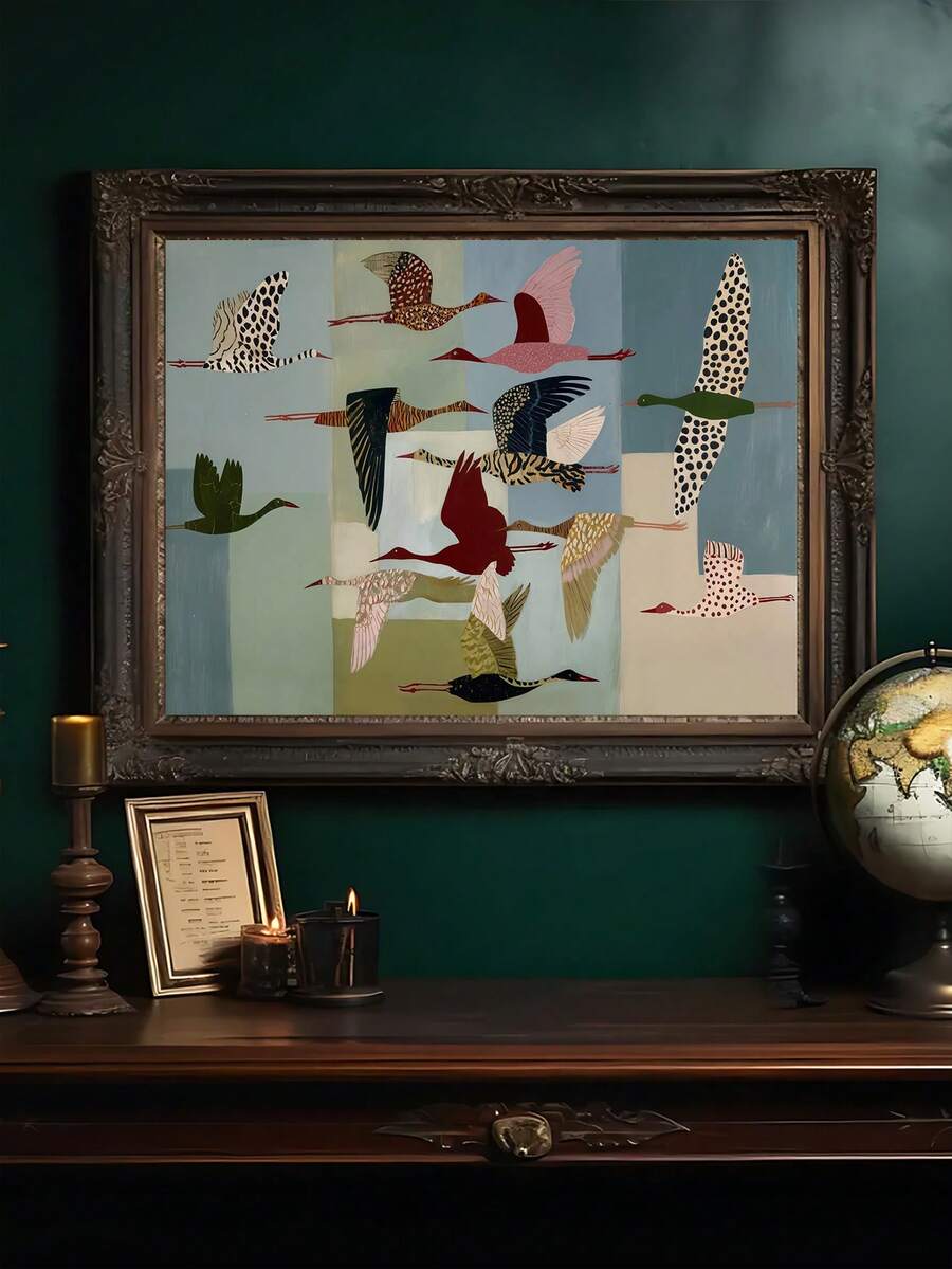 Colorful Crane Folk Art Mermaid & Astrology Canvas Poster 