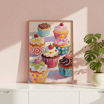 Thick brush stroke cupcake wall art leaning on a wood shelf beside books
