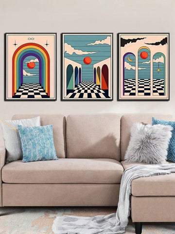 Colorful Dreams: Retro Rainbow Arch & Clouds Boho Canvas Art for Vibrant Home Decor