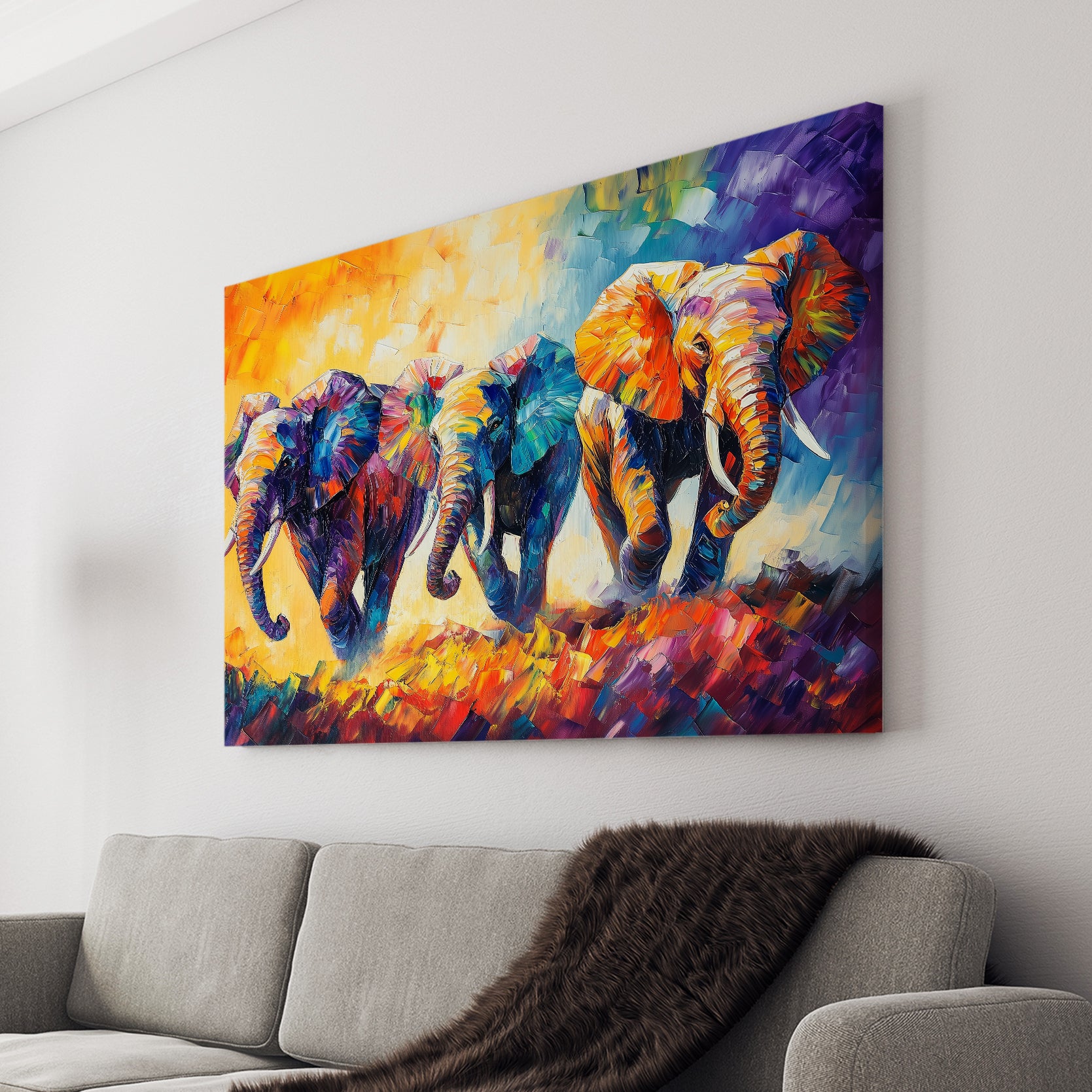 Colorful Elephant Herd Canvas Wall Art, Modern African Safari Animals Painting