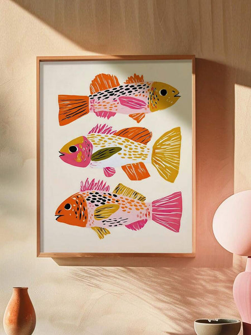 Colorful fish Mediterranean coastal Folk Art canvas wall art