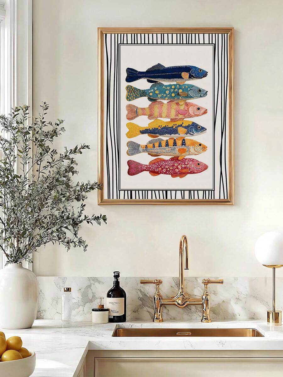 Colorful fish wall art with six nautical fish and striped border