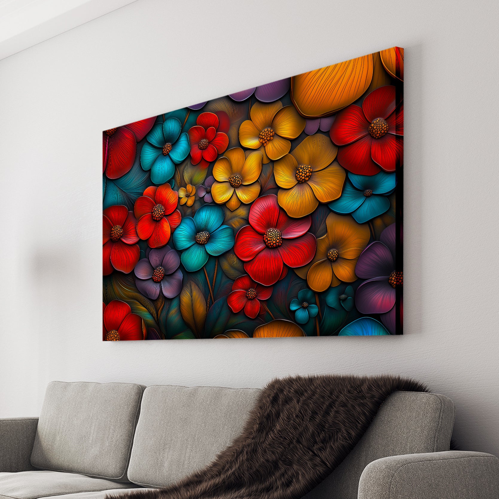 Enhance your home decor with our Colorful Floral Canvas Wall Art. This modern abstract flowers print is perfect for adding a touch of nature to your living room, sofa backdrop, or bedside. The vibrant colors will brighten up any space and bring a sense of joy to your home.
