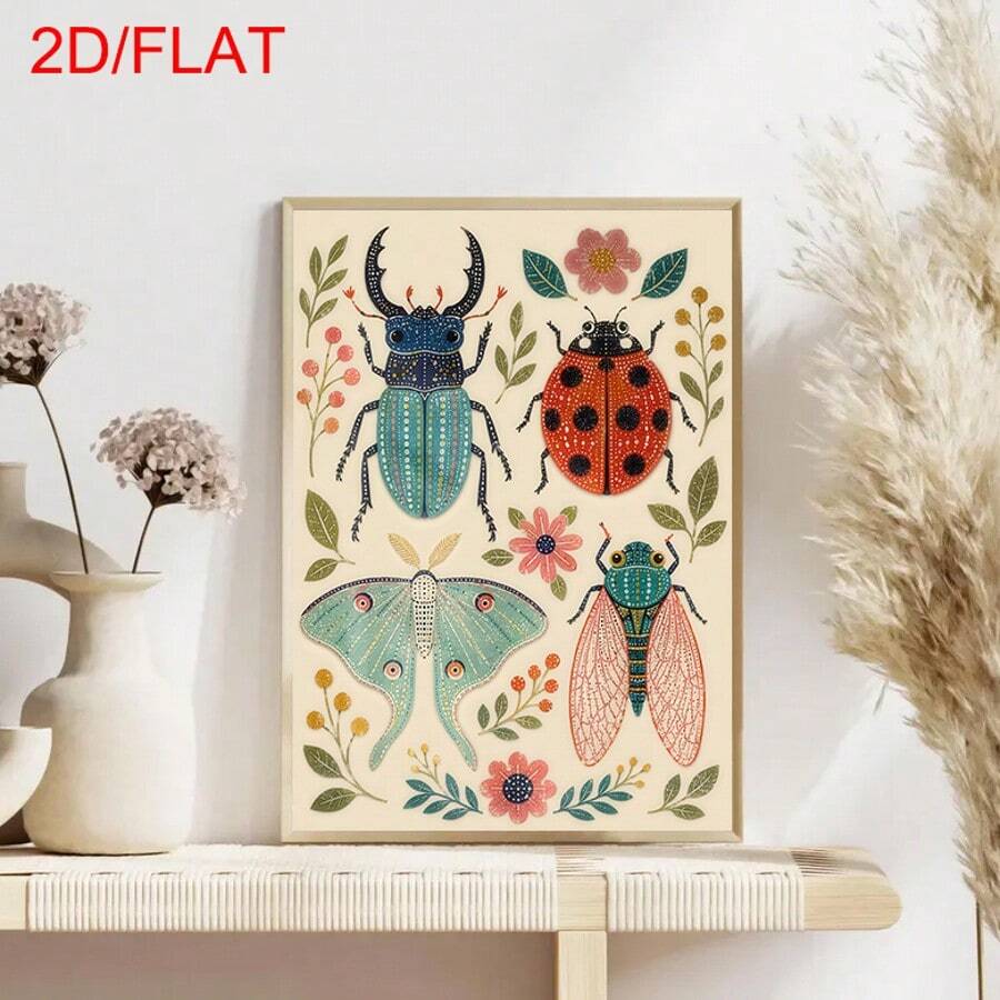 Flat view of folk insect canvas with beetle ladybug moth flowers and botanical leaves